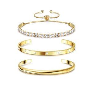 14K Gold Plated Bracelet Set Womens Bangle Cuff Tennis Paperclip Stack